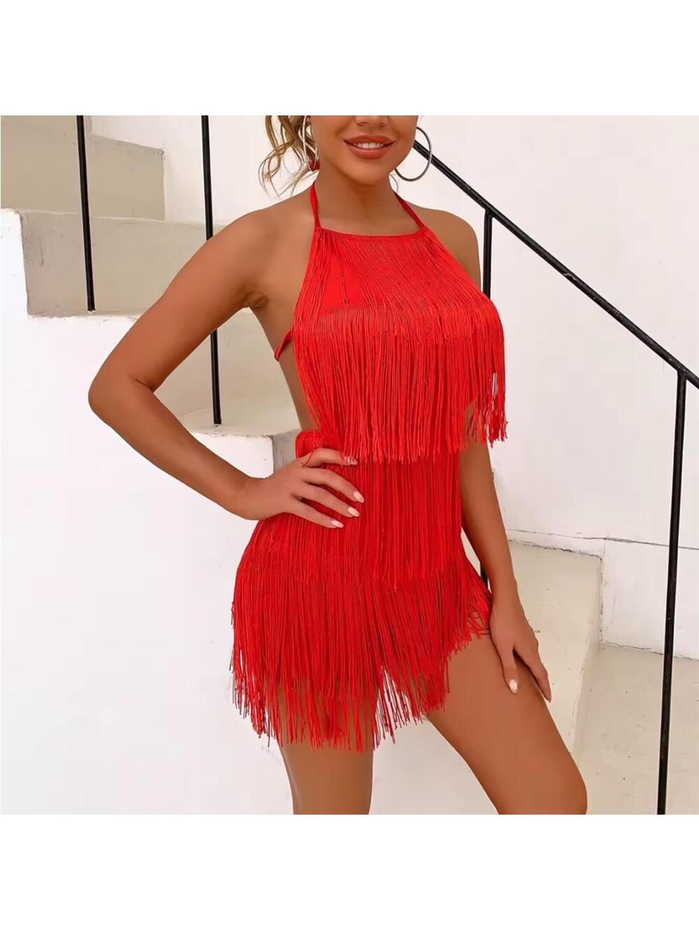 Red Tassel Backless Halter Romper - Picture 2 of 4